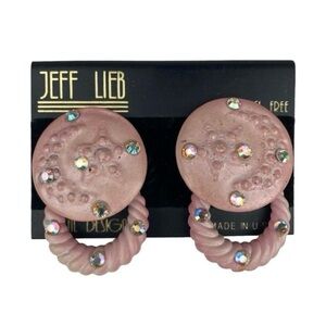 JEFF LIEB Vtg 80s Pink Round Door Knocker Rhinestone Dangle Clip On Earrings